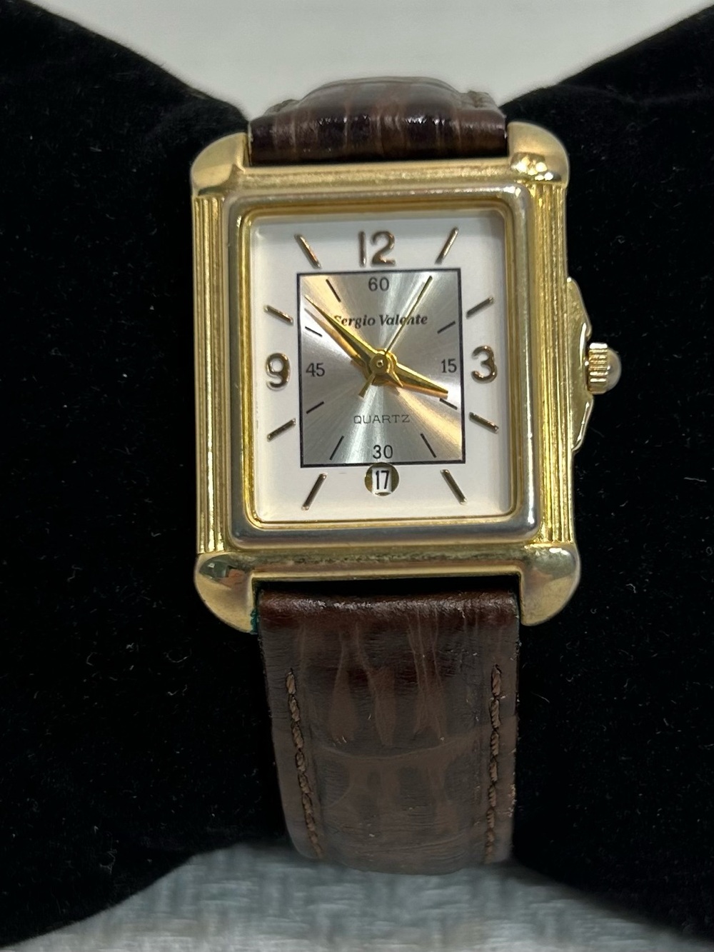 VTG Sergio Valente Gold Tone Rectangle White Silver Dial Works New Battery! EUC